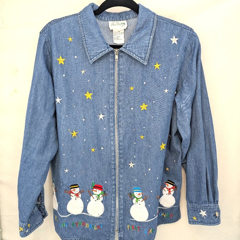 The Quaker Factory Vintage Women Snowman Themed Full Zip Jean Jacket Size Large